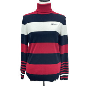 NWOT Tommy Hilfiger Womens M Striped Turtleneck Sweater Red White Navy Preppy